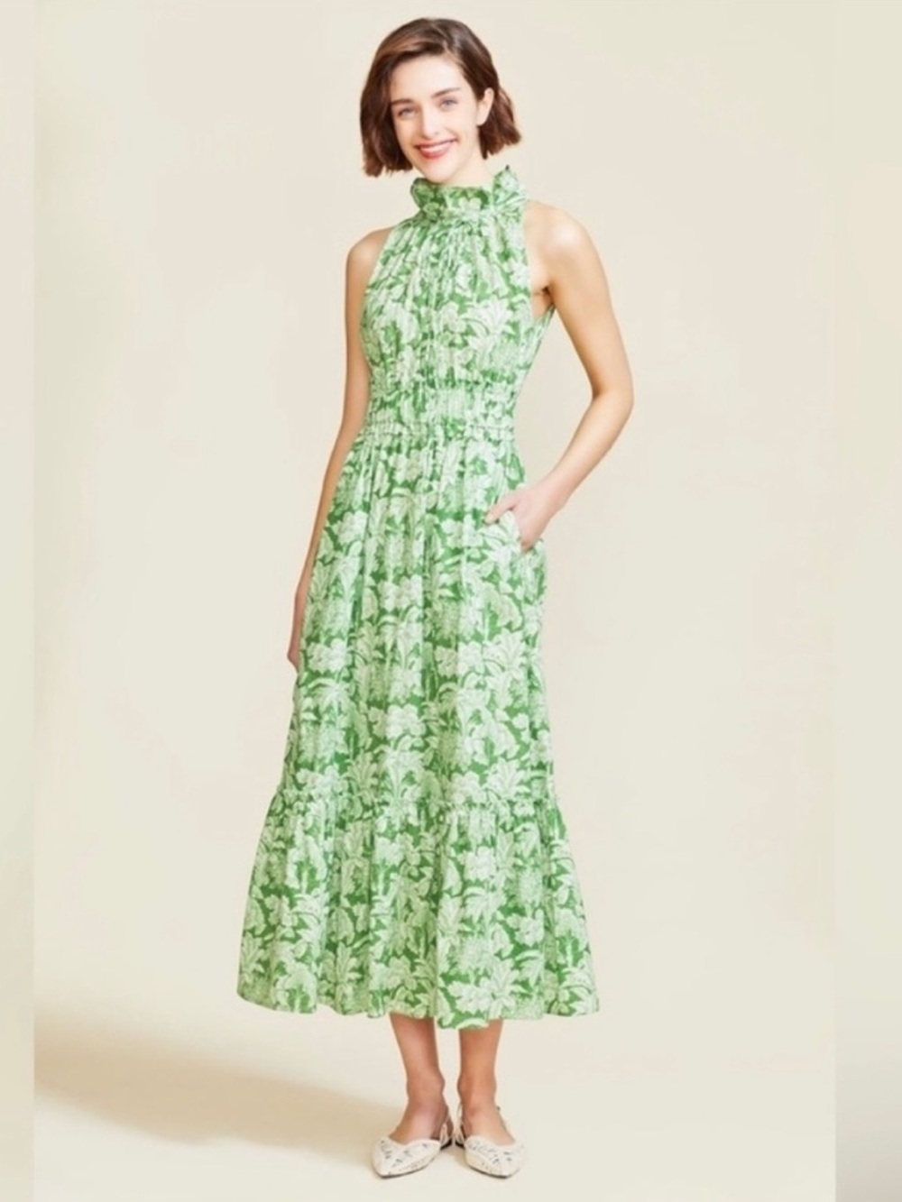 Pearl by Lela Rose Cotton Smocked Halter Floral Maxi Dress in Green. Size S